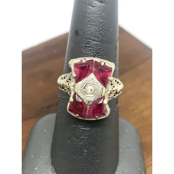 Filigree Pink Gemstone Diamond Cocktail Ring 14k White Gold Women's Size 8
